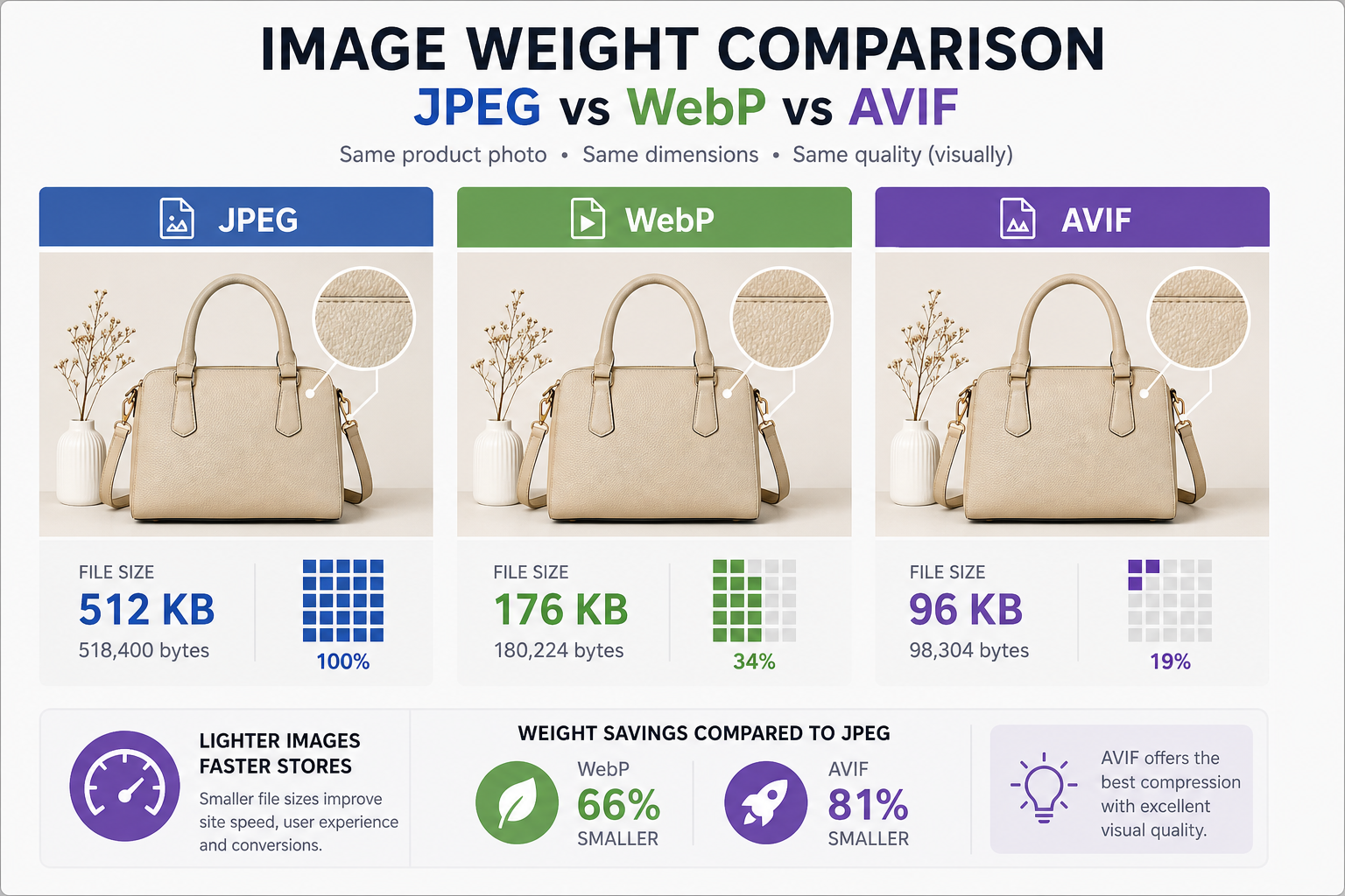 Comparativa de peso de imagen JPEG vs WebP vs AVIF en ficha de producto ecommerce