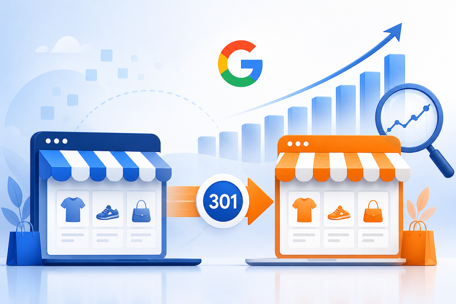 Diagrama de flujo de migración ecommerce con redirecciones 301 y validación SEO