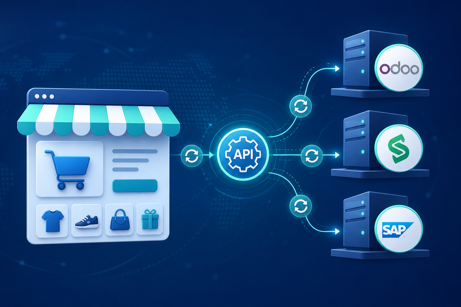 Diagrama de flujo de datos entre tienda online y ERP con sincronización bidireccional