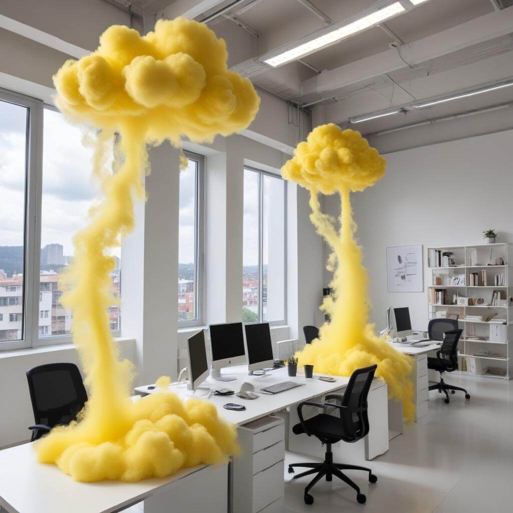 Oficina moderna con decoración creativa de nubes amarillas Oficina moderna con decoración creativa de nubes amarillas