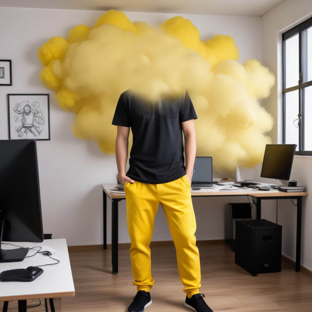 Persona en oficina con nube amarilla cubriendo su cabeza Persona en oficina con nube amarilla cubriendo su cabeza