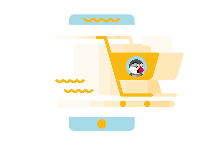 Carrito de compras con logotipo de PrestaShop frente a una pantalla, migración de tienda a PrestaShop Carrito de compras con logotipo de PrestaShop frente a una pantalla, migración de tienda a PrestaShop